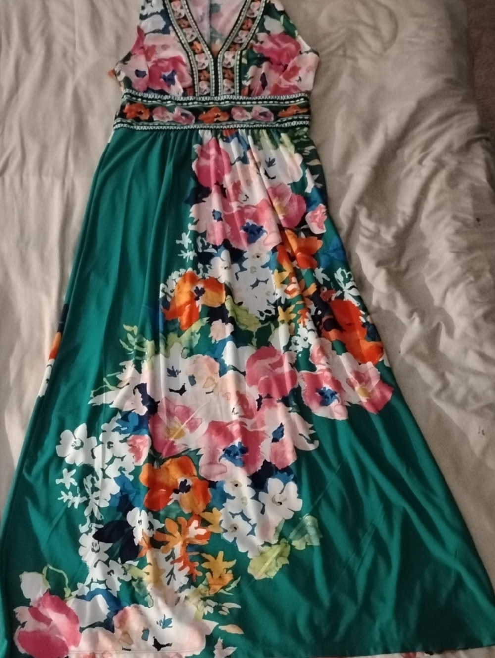London Times Green Floral Maxi Dress with Multicolor Blooms